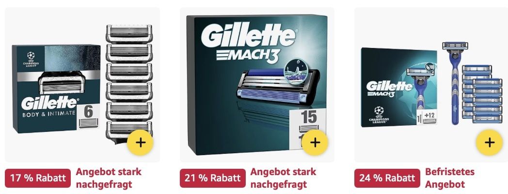 🔝🤑🪒 Amazon: Gillette im Sale 👉🏻 12er Systemklingen 🔝🤑🪒 Amazon: Gillette im Sale 👉🏻 12er Systemklingen UEFA Champions League für 29€ (statt 45€)