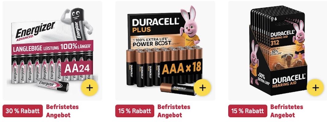 🔝🔋 Amazon: Energizer , Varta  & Duracell Batterien im Sale z.B. 18x Duracell Plus Batterien AAA für 13€ (statt 18€)