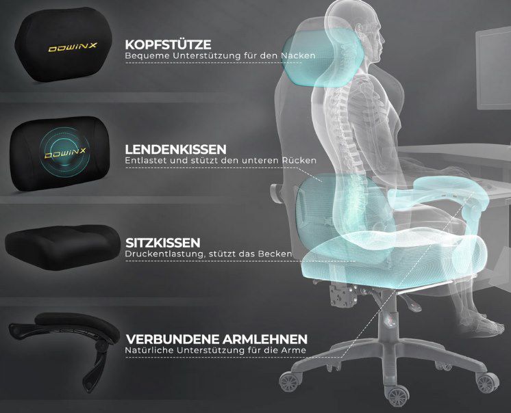 💺 Dowinx LS 6668E Gamingstuhl mit mit Massage Lendenkissen für 101,99€ (statt 140€)