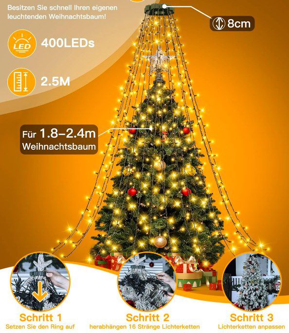 🎄 Ollny Ringlichterkette mit 400 LEDs mit 8 Modi & Fernbedienung für 17,49€ (statt 25€)