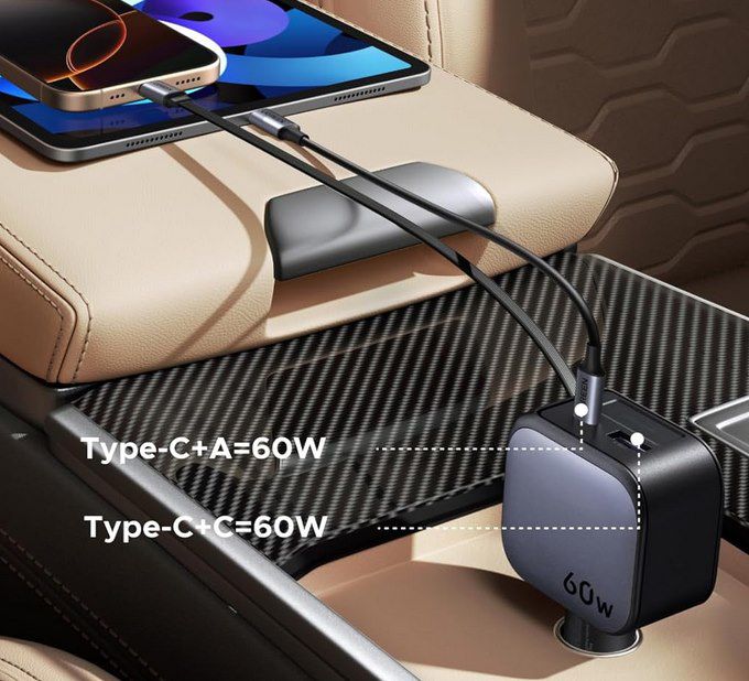 ⚡ UGREEN Nexode 60W 3 Port USB C ausziehbares Kfz Ladegerät für 10,98€ (statt 15€)