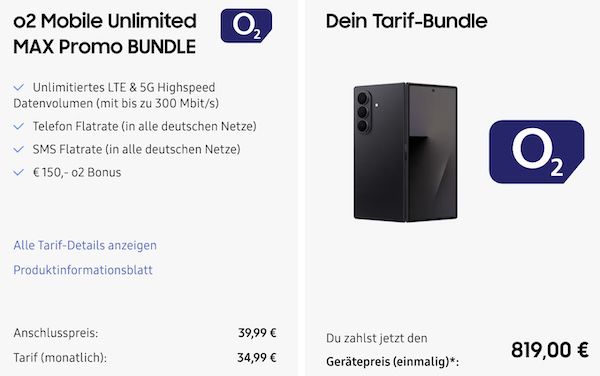 🔥 Samsung Galaxy Z Fold7 für 819€ + o2 Unlimited 5G 34,99€ mtl. + 150€ Bonus + GRATIS TV