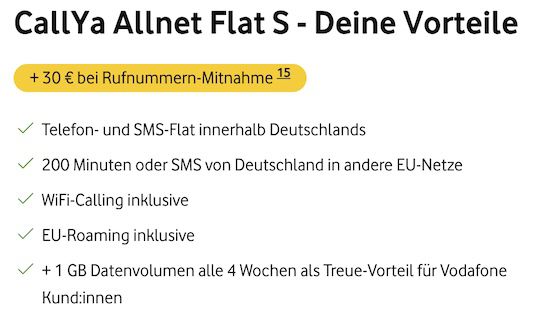 🔥 Vodafone CallYa Allnet Flat S mit 30GB LTE/5G für 9,99€ je 4 Wochen + 30€ Bonus