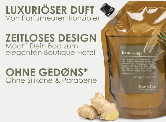 🧼 500 ml Jean & Len Handseife Rosemary & Ginger Nachfüllpack ab 3,15€ (statt 6€) 🧼 500 ml Jean & Len Handseife Rosemary & Ginger Nachfüllpack ab 3,15€ (statt 6€)