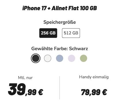 🍏 Apple iPhone 17 für 79,99€ + 📱 Vodafone Allnet 100GB für 39,99€ mtl. 🍏 Apple iPhone 17 für 79,99€ + 📱 Vodafone Allnet 100GB für 39,99€ mtl.