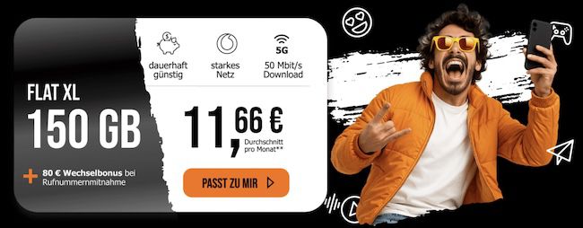 🔥 Vodafone Allnet mit 150GB 5G für eff. 11,66€ mtl. dank 80€ Bonus 🔥 Vodafone Allnet mit 150GB 5G für eff. 11,66€ mtl. dank 80€ Bonus