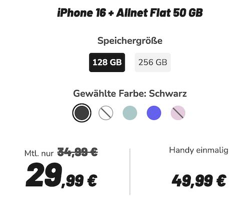 🍏📱 Apple iPhone 16 (128 GB) für 49,99€ + Vodafone Allnet 50GB 5G für 29,99€ mtl.