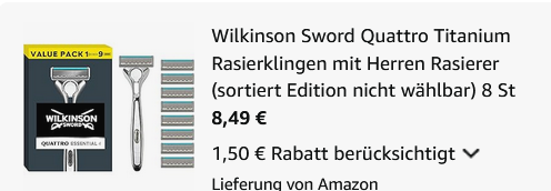🪒 Wilkinson Sword Quattro Titanium Rasierer + 8 Klingen ab 8,49€ (statt 14€) 🪒 Wilkinson Sword Quattro Titanium Rasierer + 8 Klingen ab 8,49€ (statt 14€)