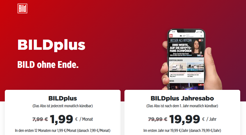➡️🔥 1 Jahr BILDplus für 19,99€ (statt 80€)   oder 1,99€ mtl.