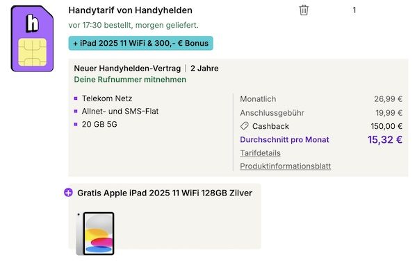 🍏 Apple iPad 11 🍏 Apple iPad 11 (2025, WiFi) für 45,90€ + Telekom Allnet 20GB für 26,99€ mtl. + 300€ Bonus