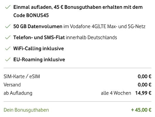 KNALLER! 🔥 GRATIS 12 Wochen Vodafone CallYa 50GB ➡️ dank 45€ Bonus KNALLER! 🔥 GRATIS 12 Wochen Vodafone CallYa 50GB ➡️ dank 45€ Bonus