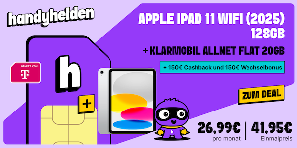 🍏 Apple iPad 11 🍏 Apple iPad 11 (2025, WiFi) für 45,90€ + Telekom Allnet 20GB für 26,99€ mtl. + 300€ Bonus