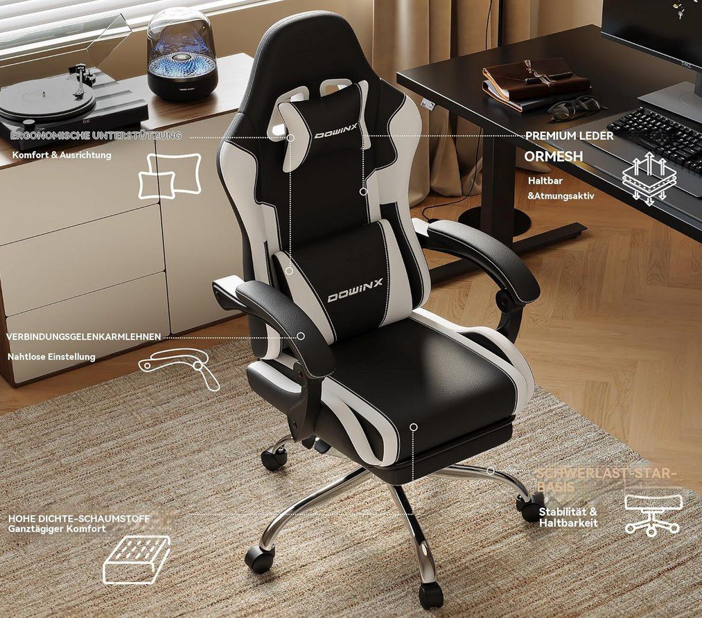 💺 Dowinx 66D58C Gamingstuhl mit Fußstütze und Massage Lendenstütze für 64,99€ (statt 100€)