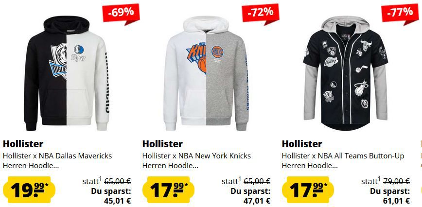 🏀 Hollister x NBA/NHL Sale ab 11,99€ - Hoodies, Sweatshirts & Sweatjacken + 5€ Gutschein 🏀 Hollister x NBA/NHL Sale ab 11,99€ Hoodies, Sweatshirts & Sweatjacken + 5€ Gutschein