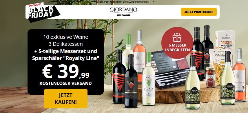 đ· 10 Flaschen Wein + 3 Delikatessen + 5-tlg. Messerset & SparschĂ€ler fĂŒr 39,99⏠đ· 10 Flaschen Wein + 3 Delikatessen + 5 tlg. Messerset & SparschĂ€ler fĂŒr 39,99âŹ