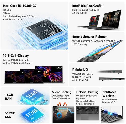 💻 Teclast F17 Pro 17,3 Laptop mit i5 1030NG7, 16GB/512GB für 294,52€ (statt 400€)