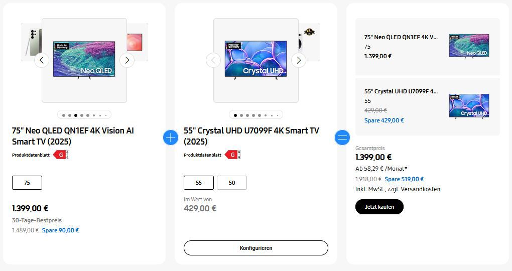 📺 Samsung 75 Neo QLED QN1EF + 55 Crystal UHD U7099F TV für 1.399€ (statt 1.749€)