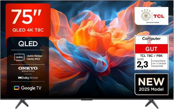 📺 TCL 75T8C 75 QLED 4K HDR UHD Fernseher mit 144Hz für 669€ (statt 754€)