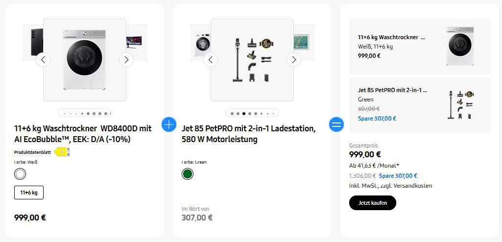 👕 Samsung WD8400D 11+6kg Waschtrockner + Jet 85 PetPRO für 999€ (statt 1.296€)