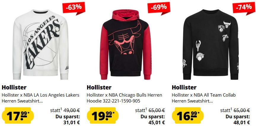 🏀 Hollister x NBA/NHL Sale ab 11,99€ - Hoodies, Sweatshirts & Sweatjacken + 5€ Gutschein 🏀 Hollister x NBA/NHL Sale ab 11,99€ Hoodies, Sweatshirts & Sweatjacken + 5€ Gutschein