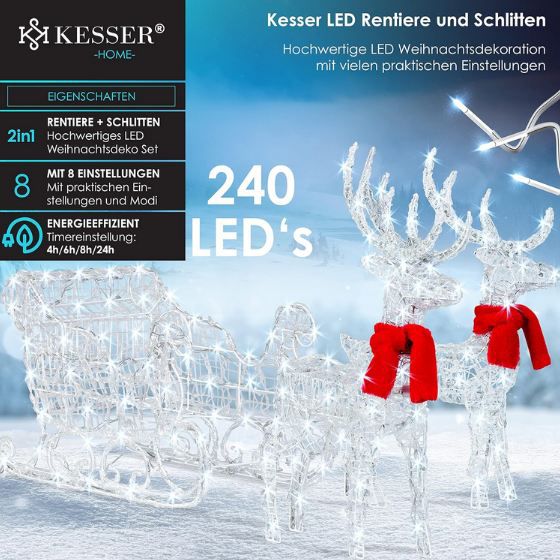 🦌 Kesser Rentiere mit Schlitten & 240 LEDs inkl. Dekoschal für 68,80€ (statt 80€)