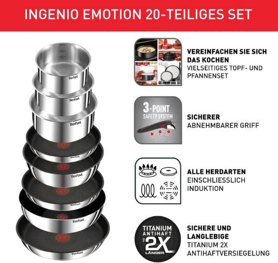 🍳 Tefal Ingenio Emotion Pfannen  & Topfset, 20 tlg. für 139,99€ (statt 153€)