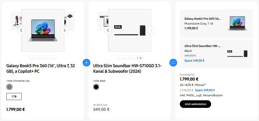 💻 Samsung Galaxy Book5 Pro 360 + HW-S710GD Soundbar Set für 1.799€ (statt 1.978€) 💻 Samsung Galaxy Book5 Pro 360 + HW S710GD Soundbar Set für 1.799€ (statt 1.978€)