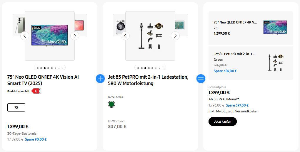 📺 Samsung 75 Neo QLED TV + Jet 85 PetPRO Sauger für 1.399€ (statt 1.667€)