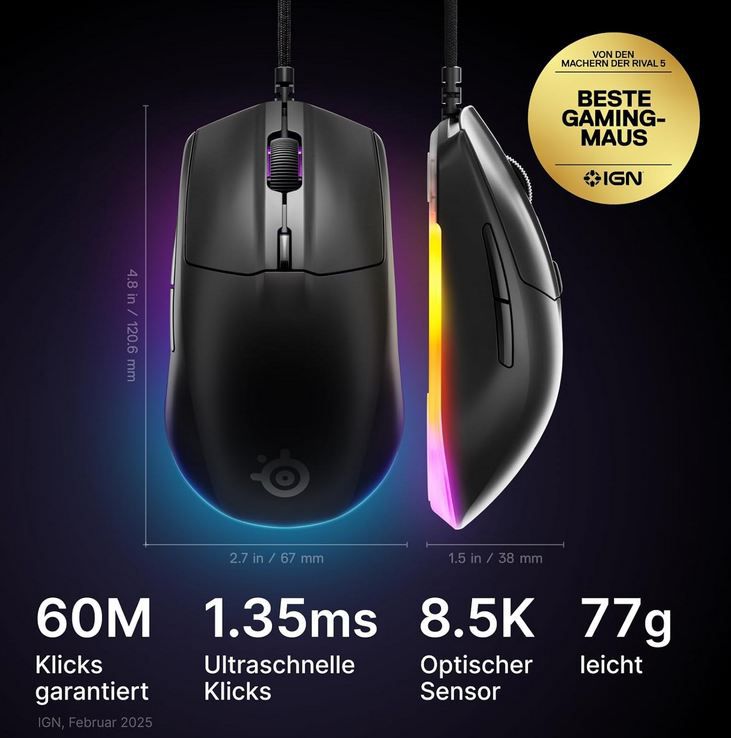 🖱️ SteelSeries Rival 3 Gen 2 Gaming-Maus mit 8.500 DPI für 36,98€ (statt 43€) 🖱️ SteelSeries Rival 3 Gen 2 Gaming Maus mit 8.500 DPI für 36,98€ (statt 43€)