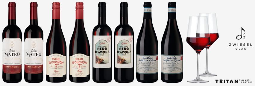 🍷 Hawesko Weinpaket Goldprämierte Rotwein Vielfalt mit 8 Flaschen + 2 Gläser für 39,90€ (statt 96€)