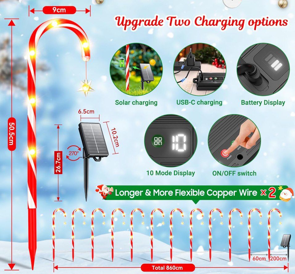 🍭 12x BUCASA Deko Zuckerstangen mit 72 LEDs + 10 Modi für 19,99€ (statt 30€)