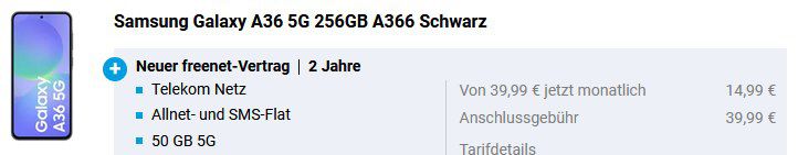 ‼️Eff 1,08€ mtl 📱Samsung Galaxy A36 256GB für 79€ + Telekom 50GB für 14,99€ 🤑 150€ Bonus