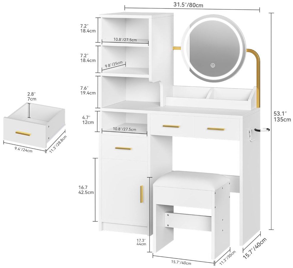 💅 YITAHOME Schminktisch mit Beleuchtung & 3 Schubladen für 80€ (statt 160€)