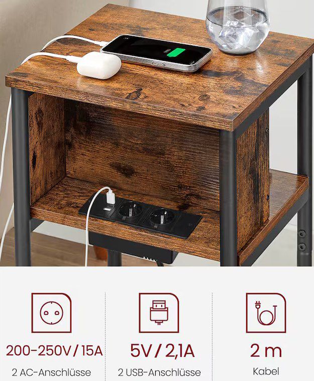 🔌 VASAGLE Beistelltisch mit Steckdose & 2x USB für 22,99€ (statt 34€)