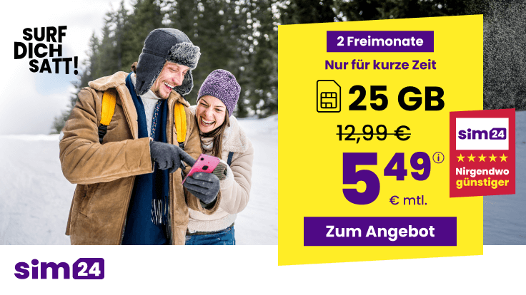📲 sim24: Allnet Flat mit 25GB 5G für 5,49€ mtl. + monatlich kündbar!