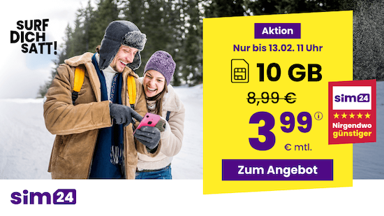 📲 sim24: Allnet Flat mit 10GB 5G für 3,99€ mtl. + monatlich kündbar!