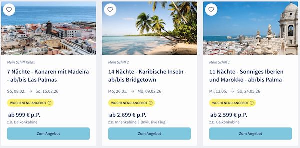 🚢 TUI Cruises Mein Schiff Wochenendangebote 🏝️ z.B. Kanaren mit Madeira ab 999€ p.P. 🚢 TUI Cruises Mein Schiff Wochenendangebote 🏝️ z.B. Kanaren mit Madeira ab 999€ p.P.
