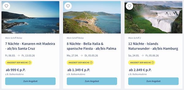 🚢 TUI Cruises Mein Schiff Wochenendangebote 🏝️ z.B. Kanaren mit Madeira ab 999€ p.P. 🚢 TUI Cruises Mein Schiff Wochenendangebote 🏝️ z.B. Kanaren mit Madeira ab 999€ p.P.