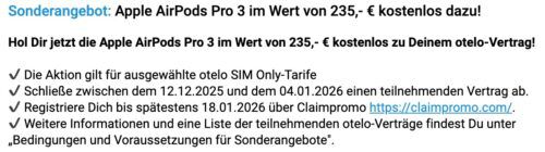 🍏 Apple AirPods Pro 3 🔈 für 0€ mit ➡️ otelo Vodafone Allnet-Flat 15GB LTE für 14,99€ mtl. 🍏 Apple AirPods Pro 3 🔈 für 0€ mit ➡️ otelo Vodafone Allnet Flat 15GB LTE für 14,99€ mtl.