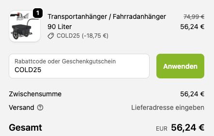 🚴 JUSKYS Fahrradlastenanhänger 90L mit Griffen inkl. Plane ➡️ für 56,24€ (statt 75€)