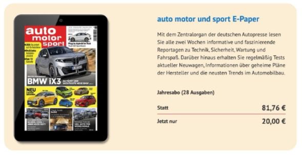 🚗💨 Jahresabo auto motor und sport mit 28 Ausgaben als E Paper für 20€ (statt 82€)