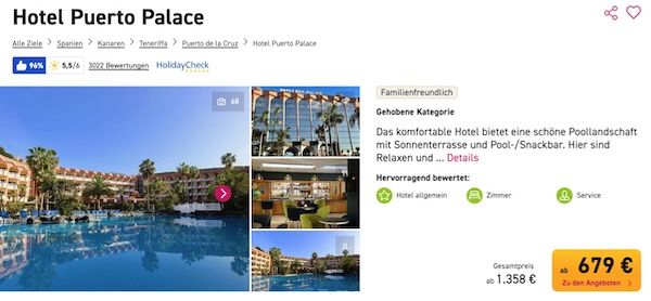 ☀️Hotel Puerto Palace 🏖️ (HC 96%) Teneriffa ➡️ 1 Woche inkl. Flüge, Transfers, HP ab 679€