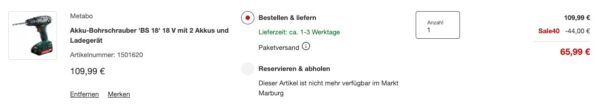 Metabo BS 18   18V Akkuschrauber mit 2 Akkus, Koffer & Ladegerät für 65,99€ (statt 92€)