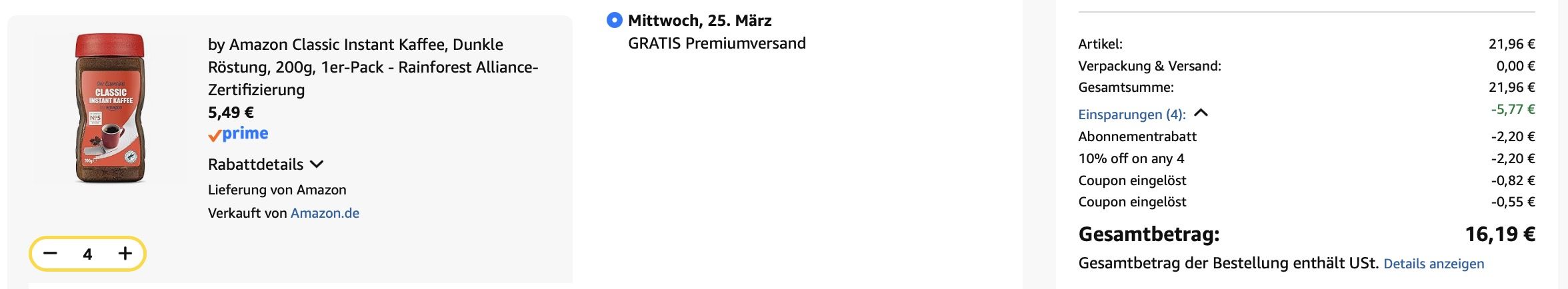 ☕️ 4 x 200g by Amazon Classic Instant Kaffee ab 16,19€ (statt 30€)