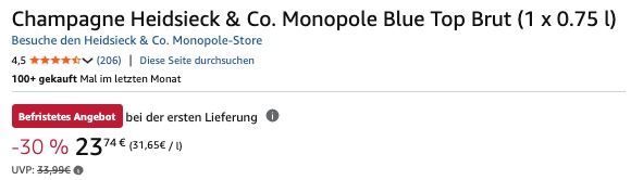 🍾 Heidsieck Monopole Blue Top Brut Champagner für 23,74€ (statt 31€)