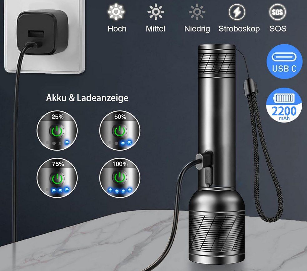 🔦 2x REHKITTZ S3000 Mini Taschenlampe mit 2.200 Lumen für 11,99€ (statt 24€)