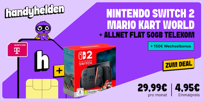 🍄🎮 Nintendo Switch 2 Mario Kart World + Telekom Allnet 50GB für 29,99€ mtl. + 150€ Bonus