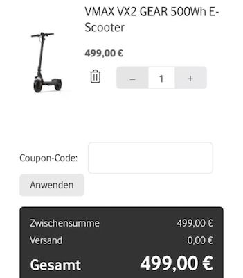 Vodafone Kunden: 🛴 VMAX VX2 Gear E Scooter bis 50km Reichweite für 499€ (statt 872€)