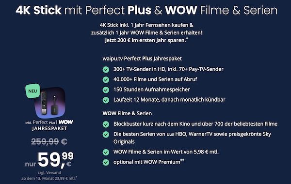 📺 12 Monate waipu.tv (+ Pay-TV) + 4K Stick + 🍿 WOW Filme & Serien für 64,98€ (statt 259€) 📺 12 Monate waipu.tv (+ Pay TV) + 4K Stick + 🍿 WOW Filme & Serien für 64,98€ (statt 259€)