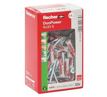 🔩 100er Pack Fischer Dübel mit Schraube DuoPower 6 x 30 mm für 15,33€ (statt 22€)